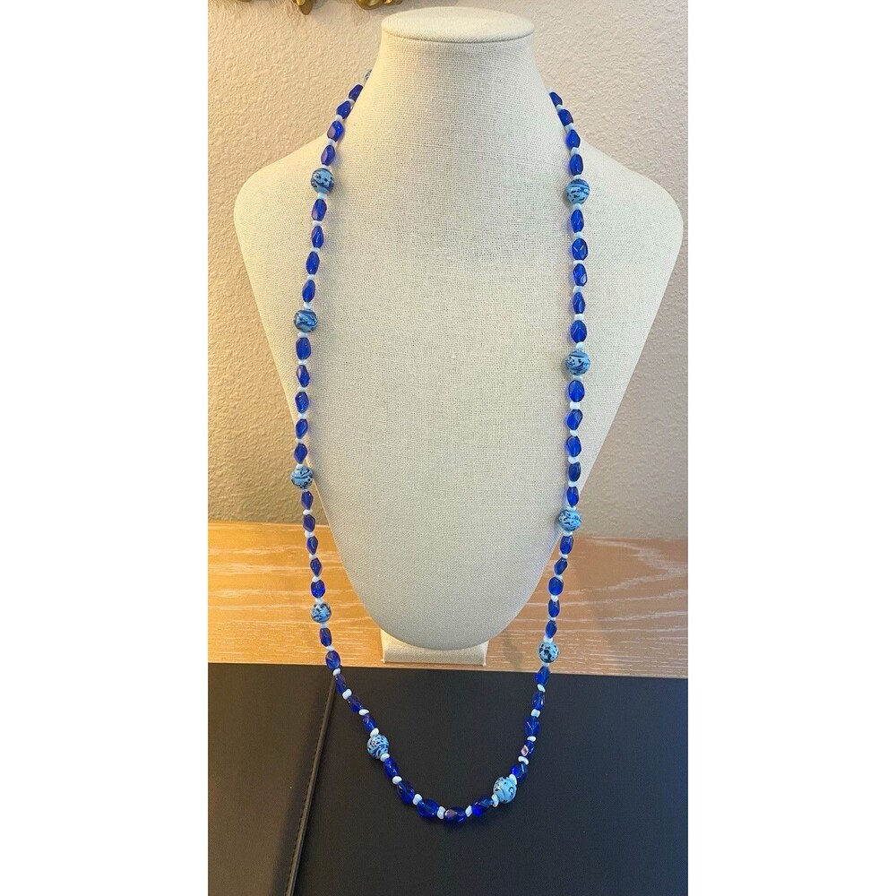 Artisan Cobalt Blue Marbled Glass Beaded Long Necklace